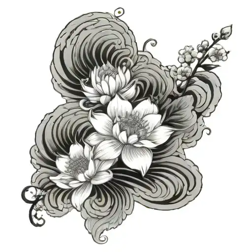 Japanese Waves And Hawthorn Flower And Lotus Flower
