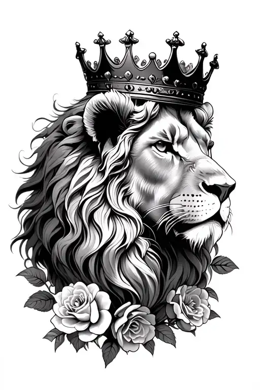 Lion With Crown And Roses Blooming Flowers Growing