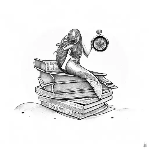 A Tattoo Of A Mermaid Sitting On A Pile Of Books With A Travel Compass In Hand