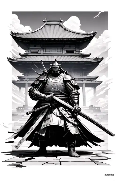 Samurai With Full Armour Holding Katana Sword Standing Infront Of Traditional Temple
