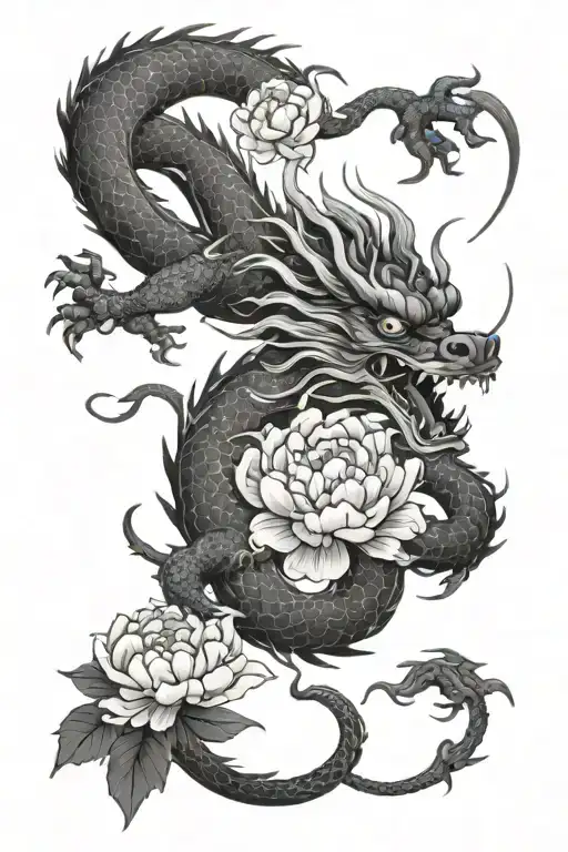 Chinese Dragon And Peony Flowers Intertwined