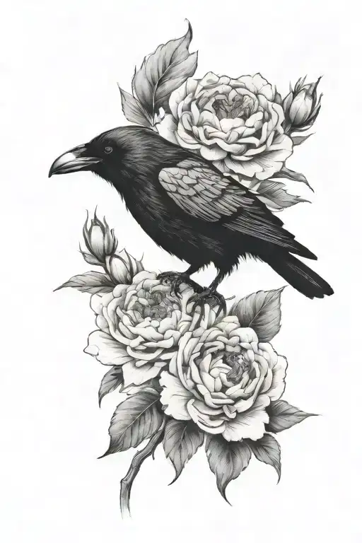 A Mystical Raven Perched On A Blooming Peony Flower