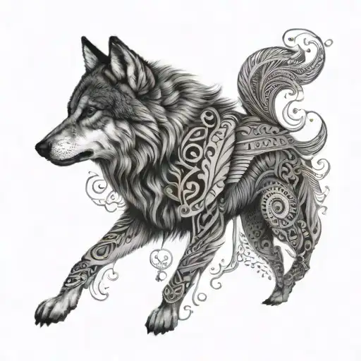 A Black And Grey Portrait Of A Majestic Wolf With Intricate Patterns In Its Fur