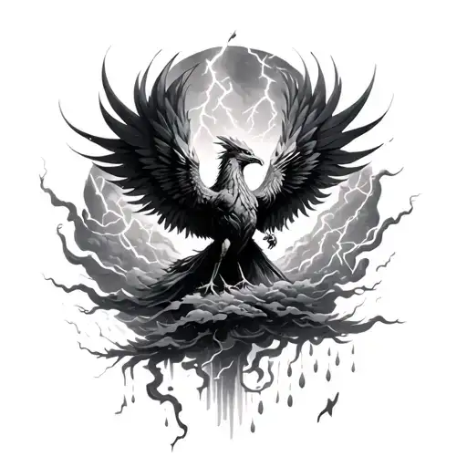 Phoenix Rising Through A Storm Cloud With Lightning And Rain