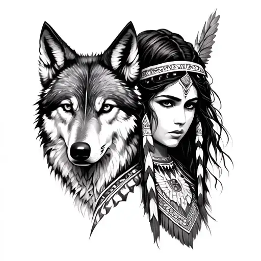 Red Indian Warrior Girl With Wolf