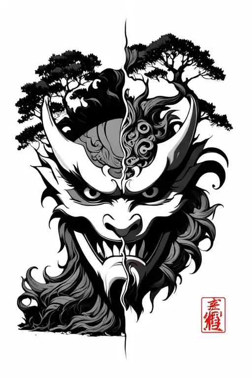 Oni Mask Split In Half With Tree In The Background