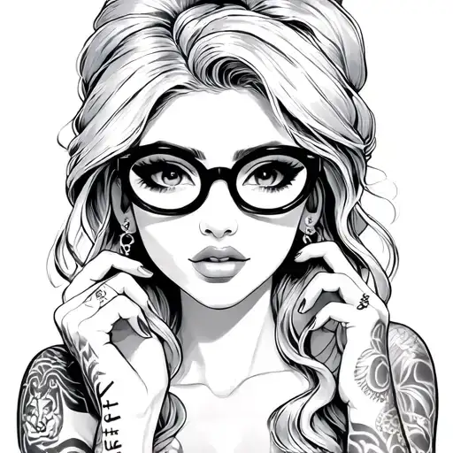 Ariel With Tattoos Wearing Thick Black Glasses With Tattoos On Her Knuckles That Says Hard Luck