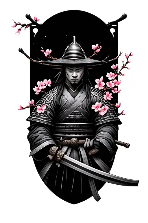 Samurai Warrior Waves Cherry Blossoms
