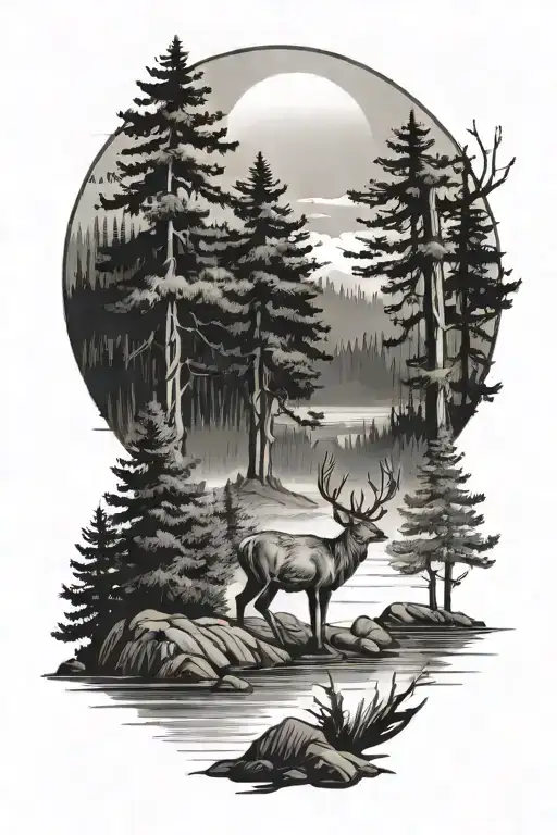 River Pine Trees Deer