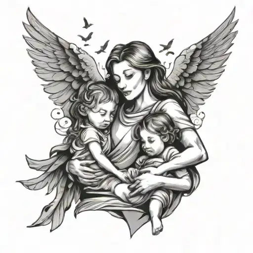 Strong Mother And Little Daughter And Birds Flying