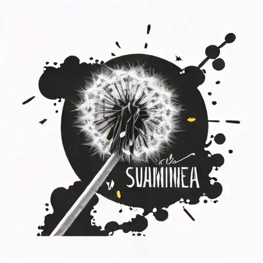 The Word 'Suaimhneas' Attached To The Stem Of A Dandelion With Little Dandelion Seeds Blowing Away