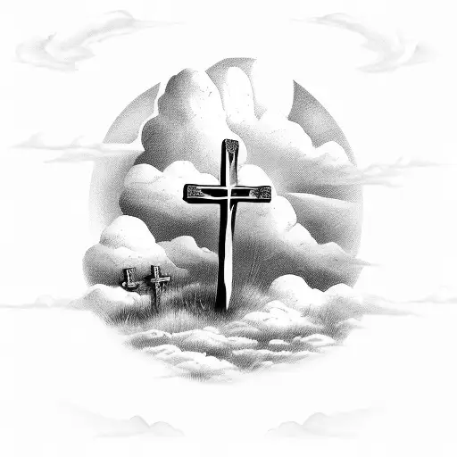 Three Crosses On A Hill With Bible Verse And Clouds