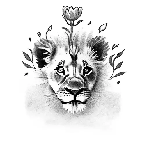 Playful Lion Cub With Tulips