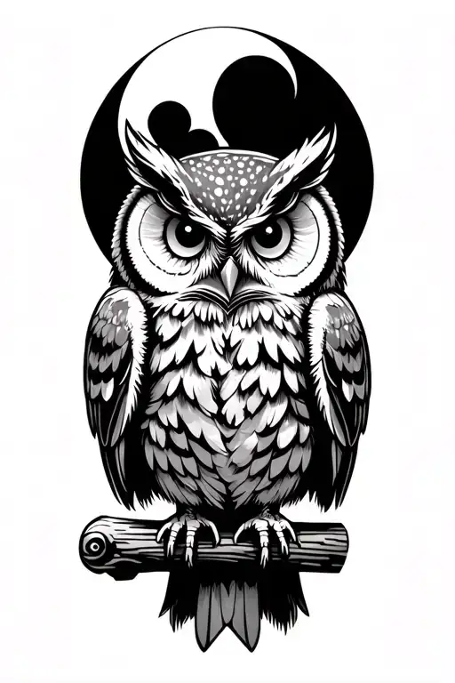 Owl Sitting On A Wooden Stick With A Moon In The Background In A Old School Traditional Style