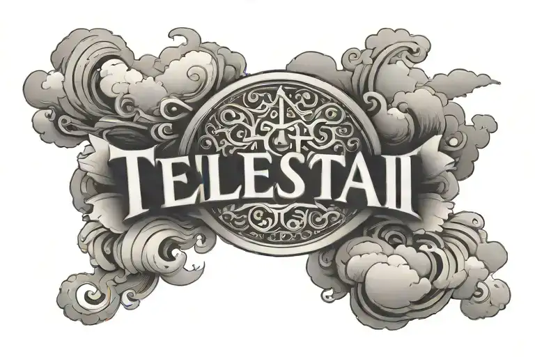 The Word Tetelestai In The Center Surrounded By Clouds