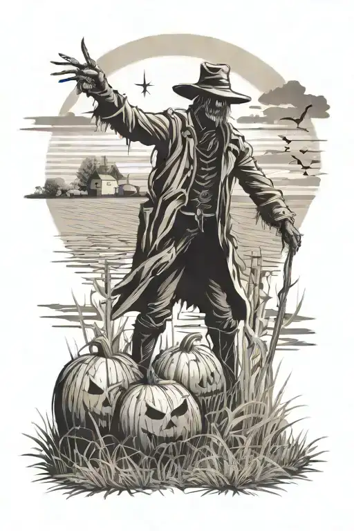 Dark Night In A Field With Bales And A Scarecrow Standing In It