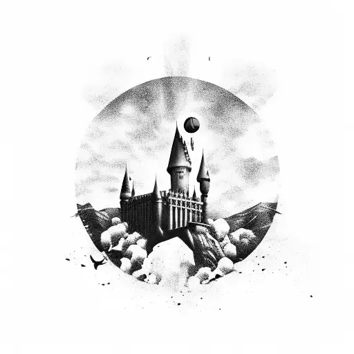 A Hogwarts Castle Silhouette With A Football Flying Over It Against A Backdrop Of A Colorful Sunset