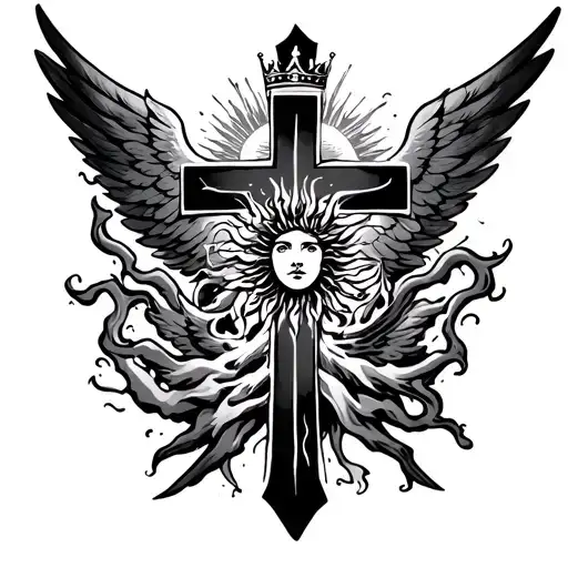 I Want A Back Tattoo I Want A Cross With Wings And Sun On Top Of The Cross And Crown And Thunder