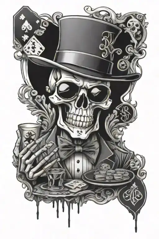 Half Table Poker Player Skeleton With Top Hat With Sunglasses Showing Reflection Of Game In Hand