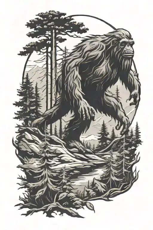 Sasquatch Siloette In The Forest Landscape
