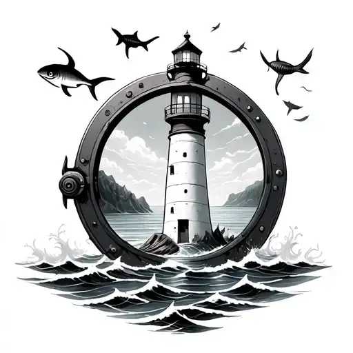 Lighthouse With Porthole In The Behind It And Sea Creatures Swimming By