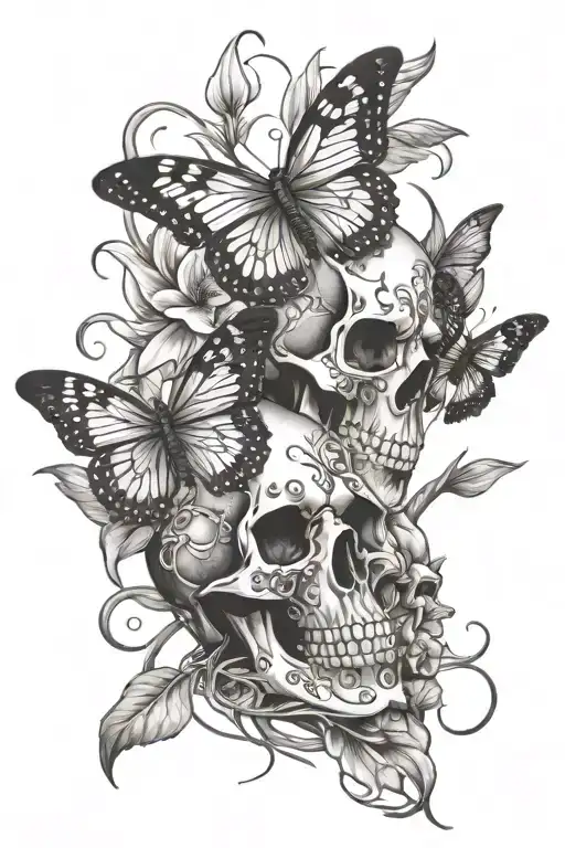 Skulls And Spider Lily Intertwined With Butterflies
