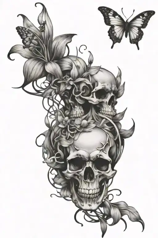 Skulls And Spider Lily Intertwined With Butterflies On The Spine