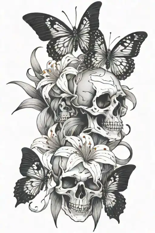 Skulls And Spider Lily Intertwined With Butterflies On The Spine