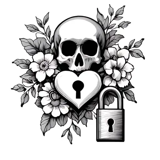 Skeleton Key Shaped With Heart And Lock And Flowers