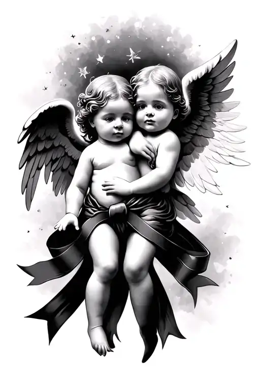 Two Flying Baby Angels With Ribbon