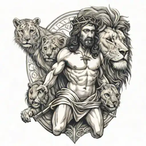 Jesus On Cross With Lion And Lioness