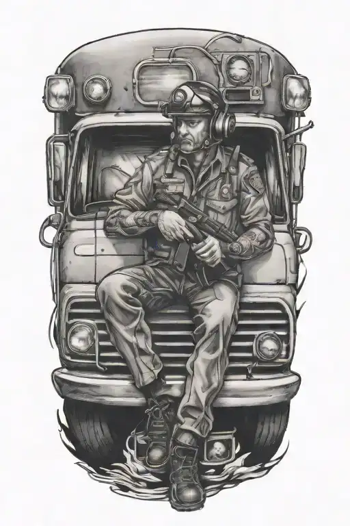 A Realistic Black And Grey Tattoo Of A Paramedic Driving A Truck While Listening To Music