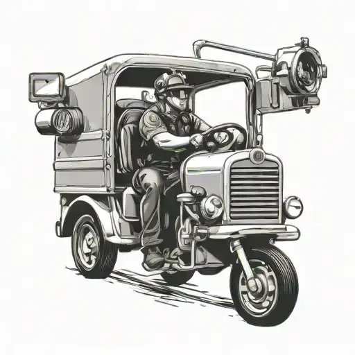 A Realistic Black And Grey Tattoo Of A Paramedic Driving A Truck While Listening To Music