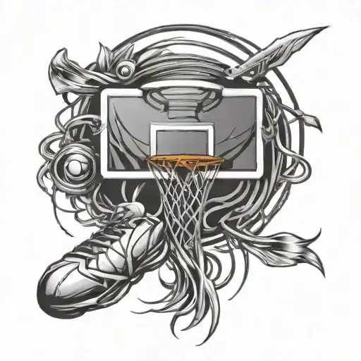 A Basketball Hoop Made Of Katana Blades With Music Symbols Hanging From It