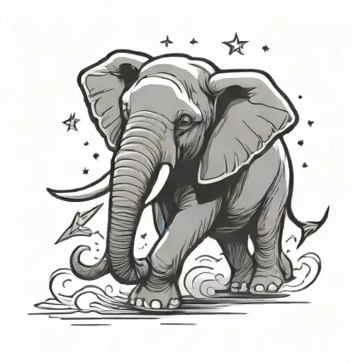 Simple Fine Line Elephant Cartoon Blowing Star Out His Trunk