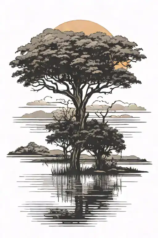 Savannah Landscape Sunset With Tree And Water