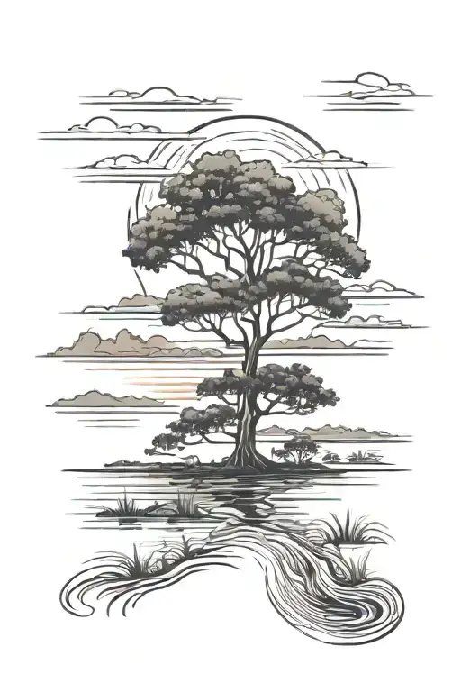 Savannah Landscape Sunset With Tree And Water