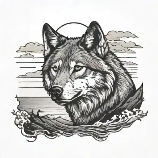 Wolf Looking At Ocean Sunset From A Cliff Overlooking The Ocean