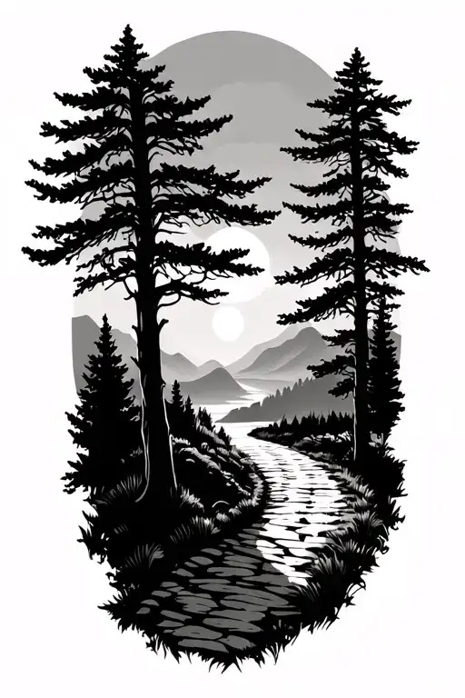 Pathway Trees Mountains Sunset Scene