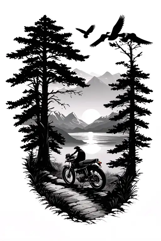 Pathway Trees Mountains Sunset Birds Walking Motorbike