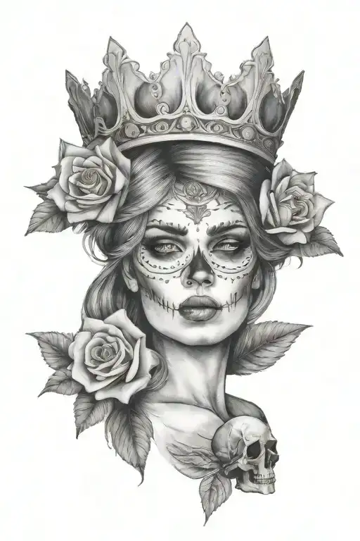 Woman With Flower In Her Hair With Skull Wearing A Crown