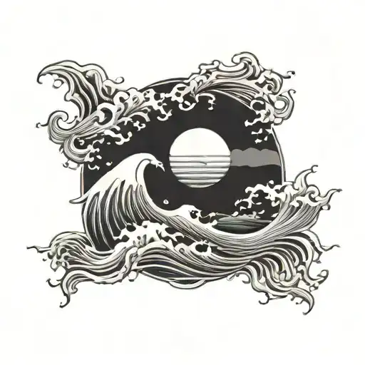 A Dotwork Tattoo Of A Sun Rising Over A Calm Ocean With A Bible Verse Incorporated In The Waves