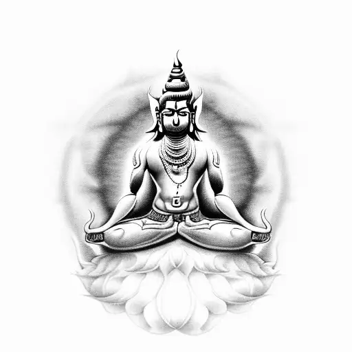 A Mystical Black-grey Tattoo Of Lord Shiv Meditating Under A Cascading Waterfall