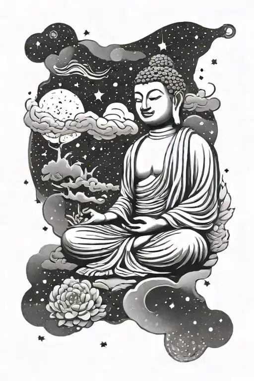 A Serene Buddha Meditating Under A Starry Night Sky