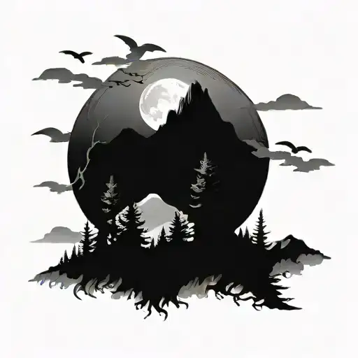 Forest With Mountains And Moon