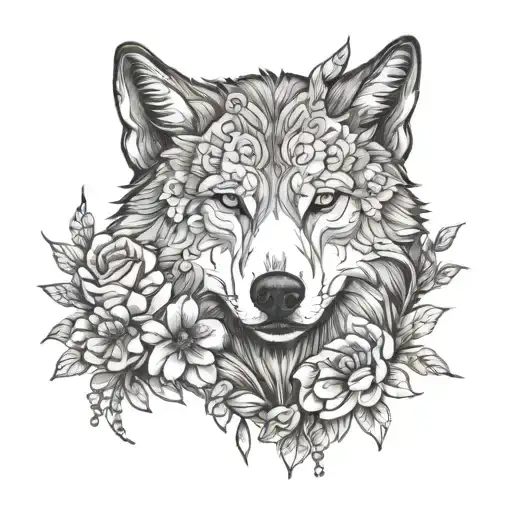 Half Wolf Face With Flowers