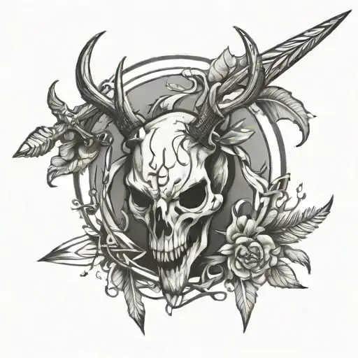 Male Deer Skull With Sword Peircing Feom Top With Arrows Through Side