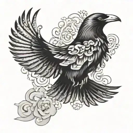 Black Crow Flying With Oriental Background Black And White