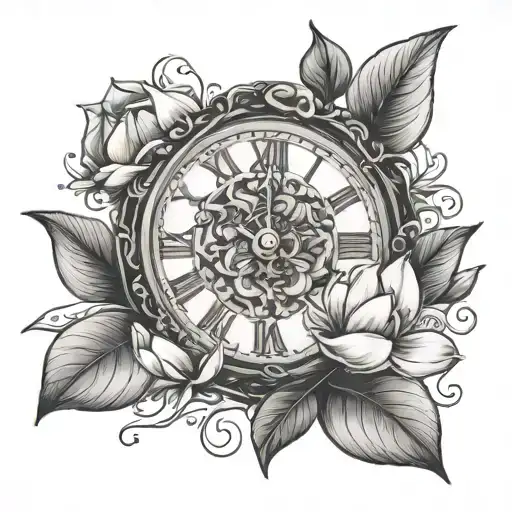 Clock And Magnolia Flower