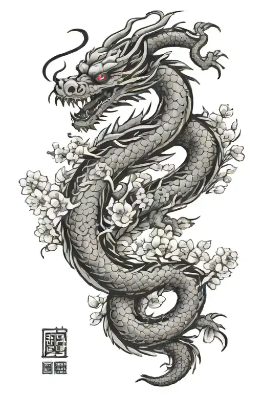 Chinese Dragon And Cherry Blossos
